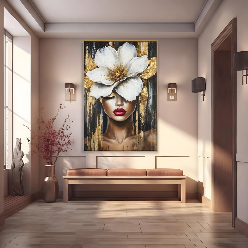 Tablou canvas cu tablou canvas cu portret de femeie si floare, in rama de aluminiu auriu
